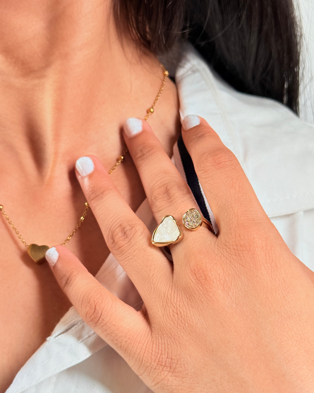 Duo Sparkle Open Ring — Tri-Cut White Stone + Pavé Disc